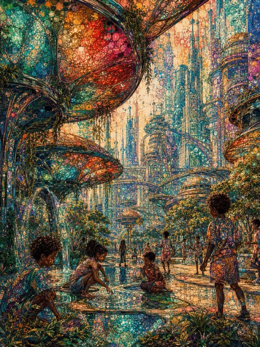 A vibrant, detailed fantasy illustration of a futuristic cityscape with people in a park area, featuring colorful mosaic-like textures and elaborate architectural structures.