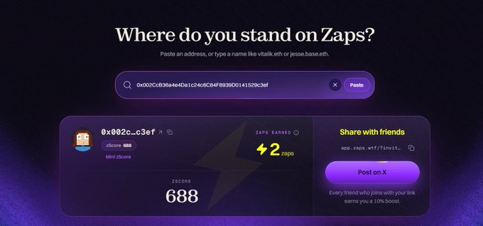 A 'Where do you stand on Zaps?' interface showing a wallet address 0x002c...c3ef with a Z-score of 688 and 2 Zaps earned.