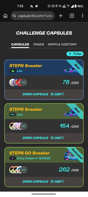 ichi guri, stepn go sneaker, stepn go sneaker, stepn go sneaker are displayed as the choices for a challenge cap. The post shows these options on its screen along with some of their respective prices.