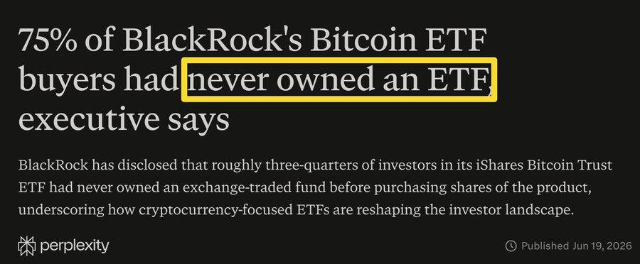 The image is a screenshot from a website called "perplexity" that talks about investing in Bitcoin, as well as shares some interesting facts about it. The background of the image has a brown color which stands out against the black text on the screen. There's also an EFT (Earth Financial Trust) logo located at the top left corner of the image. Specifically, there is a quote from a news website that reads "75% Of BlackRock's Bitcoin ETF buyers had never bought an EFT before". This highlights the fact that not all investors have purchased an ETF related to Bitcoin yet. The rest of the post focuses on what it says and how it relates to the original image in terms of investing in Bitcoin.