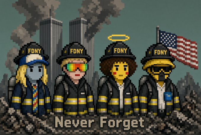 A pixel art illustration showing four FDNY firefighter characters standing before a destroyed World Trade Center with smoke rising, accompanied by an American flag and the text 'Never Forget'.