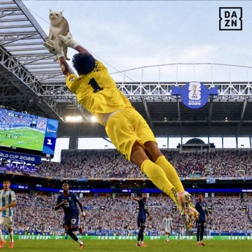 A soccer goalkeeper in a yellow kit makes an impressive leaping save to grab a white cat out of the air mid-match, with "DAZN" visible in the corner, humorously tying into the post about "patience" and "holding" the $cashcat token to achieve a massive 2,000x return despite early red dips.