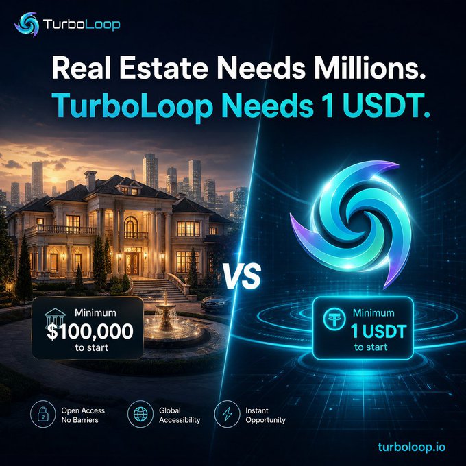 A promotional advertisement comparing traditional real estate to "TurboLoop", featuring a luxurious mansion with a "Minimum $100,000 to start" requirement against the TurboLoop logo with a "Minimum 1 USDT to start" requirement, highlighting benefits like "Open Access No Barriers" and "Global Accessibility" at turboloop.io.