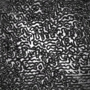 An abstract, monochromatic textured pattern featuring dark, wavy, labyrinthine lines that create a metallic, liquid-like appearance.