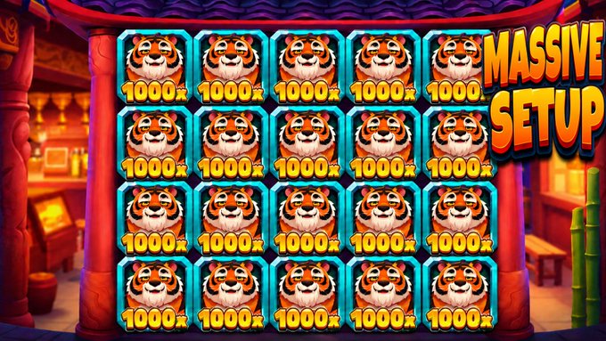 The image features a 5x4 grid of identical tiger symbols, each displaying "1000x" payouts, with bold "MASSIVE SETUP" text in the corner. This visually represents the prize structure of a Stake giveaway promotion, highlighting the high-value multiplier reward participants can win by retweeting, following, liking, commenting, and subscribing.