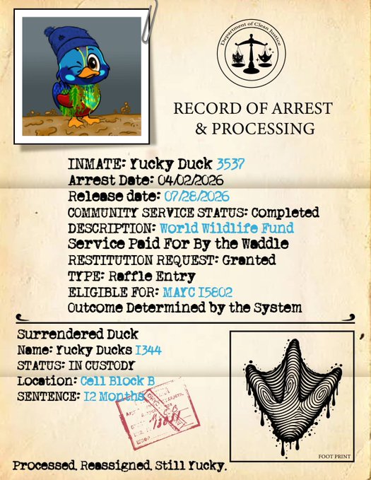 A 'RECORD OF ARREST & PROCESSING' document for inmate 'Yucky Duck 3537,' with a description of 'World Wildlife Fund' service, featuring a blue bird character.