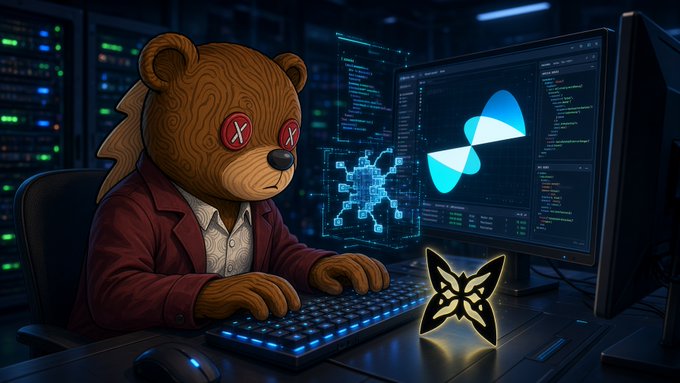 Digital artwork of a bear character with red X eyes wearing a red jacket, typing on a backlit keyboard in a tech room, with the Solana (SOL) logo and butterfly icon visible on a monitor