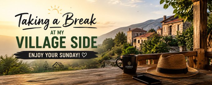 A peaceful Sunday scene shows a rustic village balcony at golden hour, featuring a "EGRAFO" branded mug, a sun hat, and a phone on a wooden table, with the text "Taking a Break at My Village Side — Enjoy Your Sunday! ♡" reinforcing the caption's theme of stepping away from the markets for a relaxing day off.