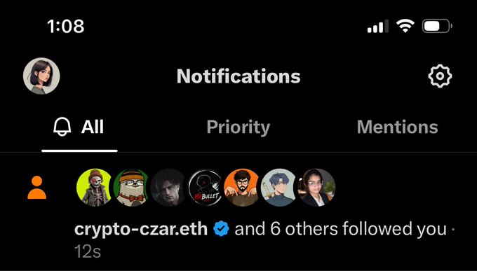 A screenshot of Twitter/X notifications showing 'crypto-czar.eth' and 6 others followed you, with a row of profile picture icons.