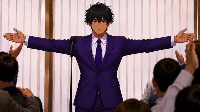 An anime-style illustration depicts a young man with dark hair in a sharp purple suit, white shirt, and purple tie, standing on a stage with his arms outstretched toward an applauding audience.