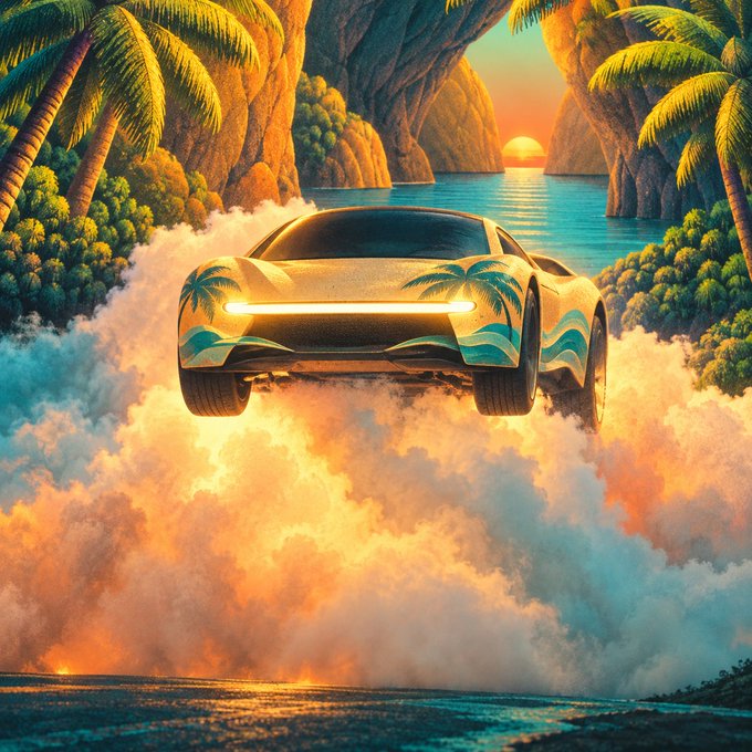 A digital illustration depicts a sleek sports car with a palm tree design jumping through clouds of smoke against a tropical sunset backdrop.
