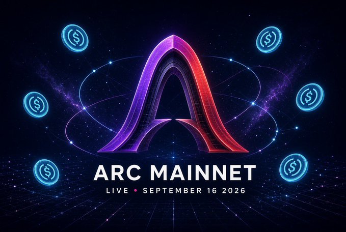 A futuristic graphic for 'ARC MAINNET' announcing 'LIVE • SEPTEMBER 16 2026', featuring a large 3D 'A' logo surrounded by glowing dollar sign coin icons against a starry space background.