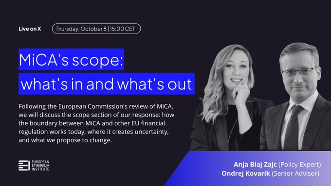 A promotional graphic for the European Liberal Institute announces a live event on X titled 'MiCA's scope: what's in and what is out' scheduled for Thursday, October 8 at 15:00 CET, featuring Anja Blajic and Ondrej Kovarik.