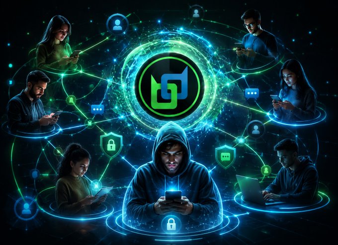 A digital artwork depicting multiple people on smartphones connected by glowing blue networks around a central green and blue logo, with hooded figure in center holding a phone with a lock icon.