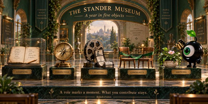 An illustrated 'THE STANDER MUSEUM - A year in five objects' display shows exhibits labeled 'LEARNING', 'PERSPECTIVE', 'CREATING', 'COMMUNITY', and 'GROWING', with the caption 'A role marks a moment. What you contribute stays.'