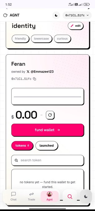 Screenshot of the AGNT app showing an 'identity' profile for 'Feran' owned by '@Emmazee123' with wallet address 0x71C1...51fc, a $0.00 balance, and a 'fund wallet' button.