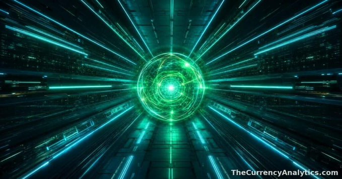 A futuristic digital tunnel with glowing teal and green neon lights radiating outward, with "TheCurrencyAnalytics.com" text in the bottom right corner.