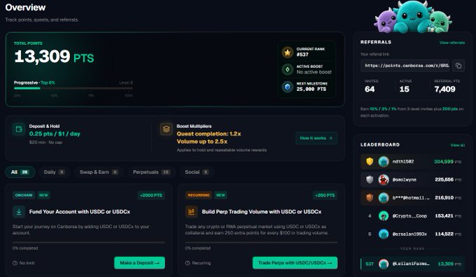 Canbora platform overview dashboard showing 13,309 total points for user @catianifami..., rank #537, with sections for quests, referrals, and a leaderboard.