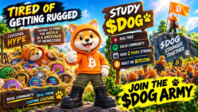 The image is a vibrant promotional graphic featuring a Shiba Inu mascot in a "$DOG" hoodie surrounded by signs reading "TIRED OF GETTING RUGGED," "STUDY $DOG," "RUG FREE," "SOLID COMMUNITY," "OVER 2 YEARS STRONG," and "BUILT ON BITCOIN," encouraging viewers to "JOIN THE $DOG ARMY." The accompanying post advises studying $DOG to avoid being rugged, and the image reinforces this message by emphasizing the token's rug-free, community-driven nature built on Bitcoin.