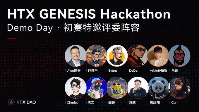 The image serves as a promotional graphic for the HTX GENESIS Hackathon Demo Day, featuring the "初赛特邀评委阵容" (Preliminary Round Invited Judge Lineup) with 12 judges displayed in circular avatars, including Alan杰哥, 齐博干, Evans, DaDa, Kelvin孙辰昕, 鸟哥, Charles, 佛文, 蟾哥, 苏鹏, 贺超翔, and Carl, alongside the HTX DAO logo.