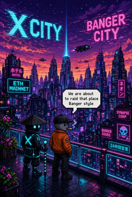 Cyberpunk pixel art cityscape at sunset labeled 'X CITY' and 'BANGER CITY' with neon signs reading 'ETH MAINNET', 'HOTEL', 'ネオン' (Neon), 'SYNAPSE CORP', and '24時間営業' (24-hour operation), featuring two characters on a balcony with a speech bubble saying 'we are about to raid that place Banger style'.
