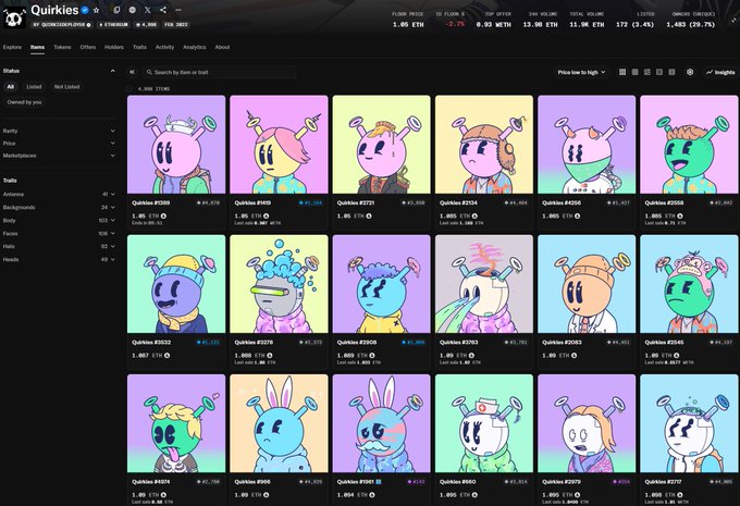 A screenshot of an NFT marketplace showing the 'Quirkies' collection with various colorful character NFTs listed; the floor price is '1.00 ETH' and the 24h volume is '13.00 ETH'.