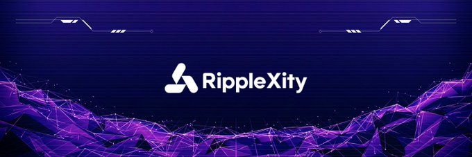 Branding banner for 'RippleXity' featuring a white triangular logo on a dark blue background with a glowing purple polygonal network design along the bottom edge.