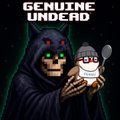 A 'GENUINE UNDEAD' NFT artwork depicting a hooded skeletal figure with glowing green eyes holding a smaller character, set against a dark green background.