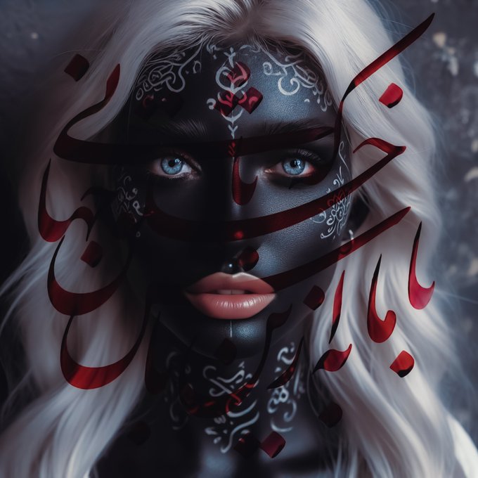 A striking digital portrait of a woman with white hair, striking blue eyes, and black face markings with white filigree patterns, accented by floating red ribbons.