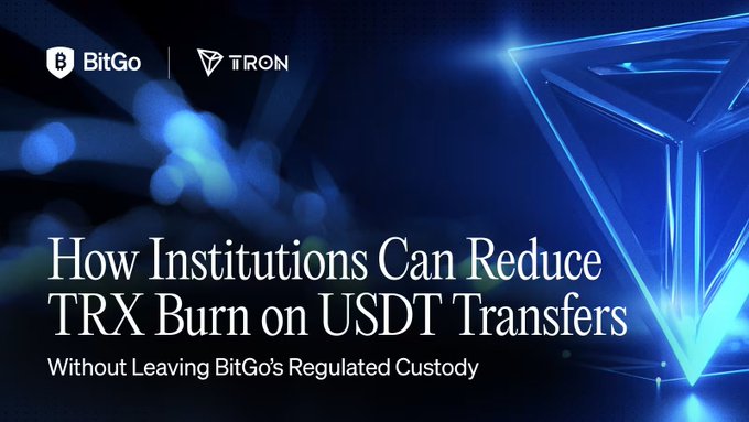A dark blue promotional graphic features the BitGo and TRON logos in the upper left, alongside a glowing 3D TRON triangle emblem on the right. The headline reads "How Institutions Can Reduce TRX Burn on USDT Transfers," with a subheading below stating "Without Leaving BitGo's Regulated Custody," directly tying into the post's theme of helping institutions cut embedded USDT transfer costs on the Tron network.