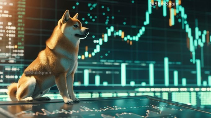 A Shiba Inu dog sits attentively in the foreground against a backdrop of glowing teal cryptocurrency trading charts displaying market data. The image is watermarked with "@ShibSpain" and visually reinforces the post's message about $SHIB as a major decentralized cryptocurrency with a thriving community.