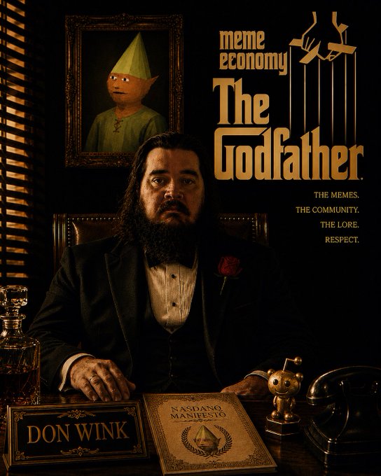 A parody movie poster styled like 'The Godfather' titled 'The Godfather of the meme economy', featuring a bearded man at a desk labeled 'DON WINK' and 'NASDAQ MANIFESTO', with a troll doll in a pointed green hat in a portrait frame and a golden Reddit alien figurine on the desk.