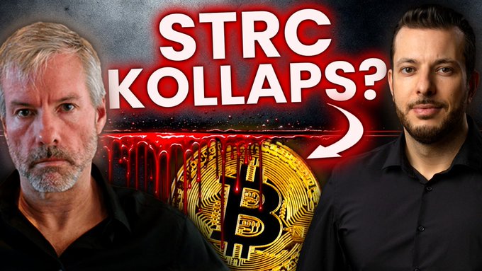 The image features two men, one wearing a black shirt and the other a white shirt, standing next to each other against a dark background. They are positioned above a Bitcoin logo that says "STRC kollaps?". The Bitcoin logo has red text on it, which is in all caps and appears to be written by @Strategy. The men seem to be posing for the image with a serious expression as they look at the Bitcoin logo.