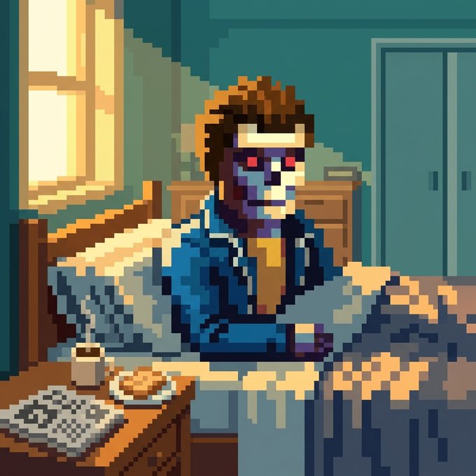 Pixel art depicts a character with red eyes wearing a headband, seated at a table with a coffee cup and plate in a dimly lit room with teal walls.