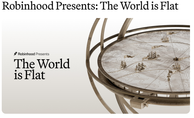Robinhood Presents: The World is Flat promotional graphic featuring a globe-style armillary sphere, accompanying the announcement of Robinhood's Arbitrum-based Layer 2 mainnet launch in London with day-one infrastructure from Uniswap, Chainlink, and BitGo.