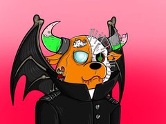 A cartoon dog with horns, scars, and blue eyes wears a black outfit with bat-like wings, set against a pink gradient background, evoking a Dark Side Star Wars theme that complements the "This is da way" Mandalorian reference.