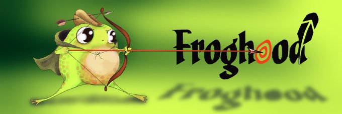 A cartoon frog dressed as Robin Hood aims a bow and arrow at the word "Froghood," with the arrow hitting the bullseye of the target in the letter "O." The image creatively represents the $Froghood token being promoted as a promising runner on the Robinhood Chain, aligning with the post's claim of potential 20-30x gains.