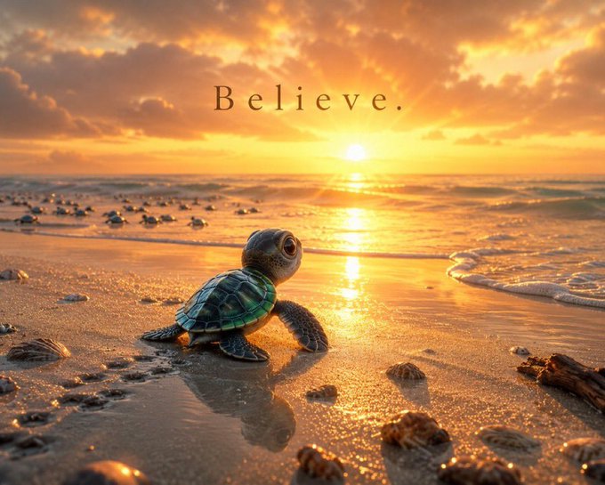 A sea turtle sits on a wet sandy beach at sunset with the word 'Believe.' overlaid in the sky.