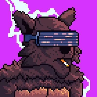 A pixel art character wearing a futuristic purple visor and a fluffy brown coat, holding a lit cigarette against a bright pink backdrop.
