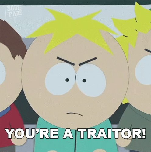 The image features a cartoon character with blonde hair, wearing a green shirt, sitting next to another cartoon character who has yellow hair. The text "You're a traitor!" is written above them. This text seems to be related to an XLM account or something similar, as it mentions the term "XLM" in the caption.