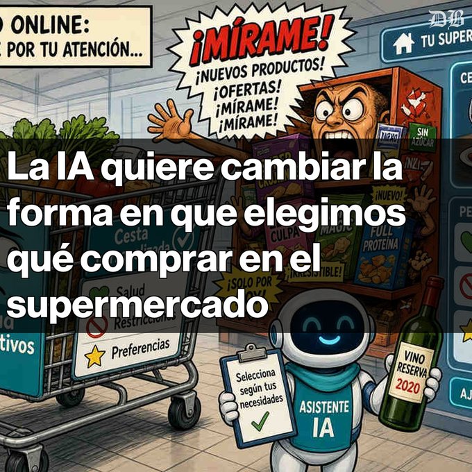 A Spanish-language cartoon illustration about AI in supermarkets, showing a shouting cashier and an AI assistant robot offering "Vino Reserva 2020" with the caption "La IA quiere cambiar la forma en que elegimos qué comprar en el supermercado".