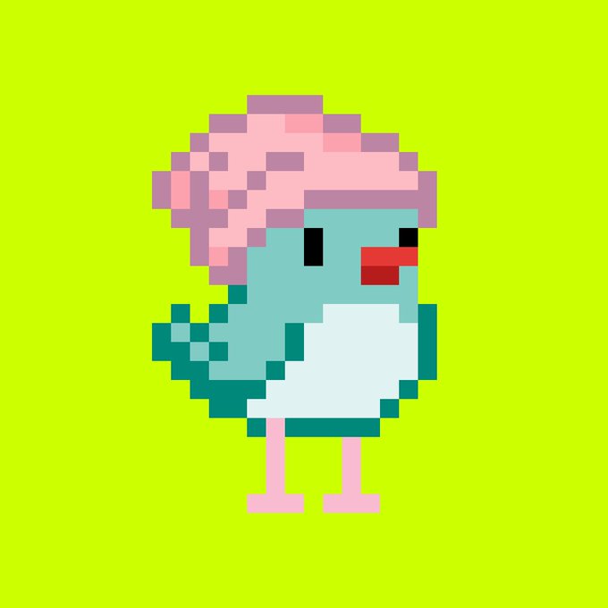 A pixel art depiction of a turquoise and white bird with pink plumage on its head, standing against a bright green background.