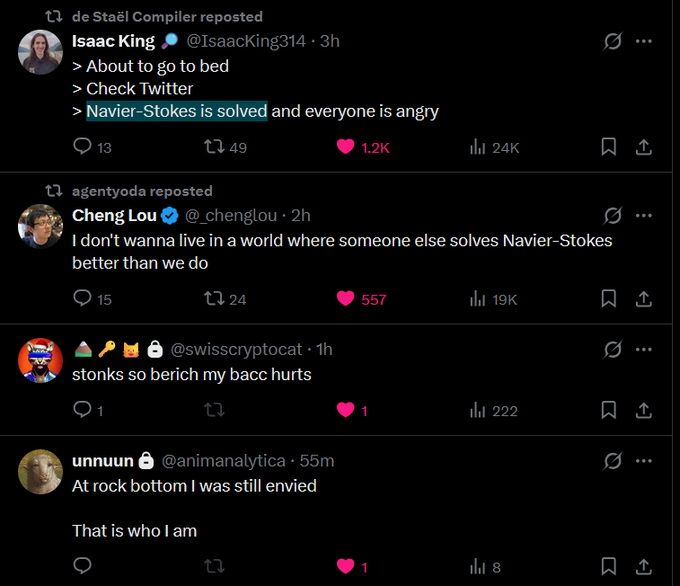 A series of social media posts reacting to the news that 'Navier-Stokes is solved,' including humorous replies from users Cheng Lou and others.