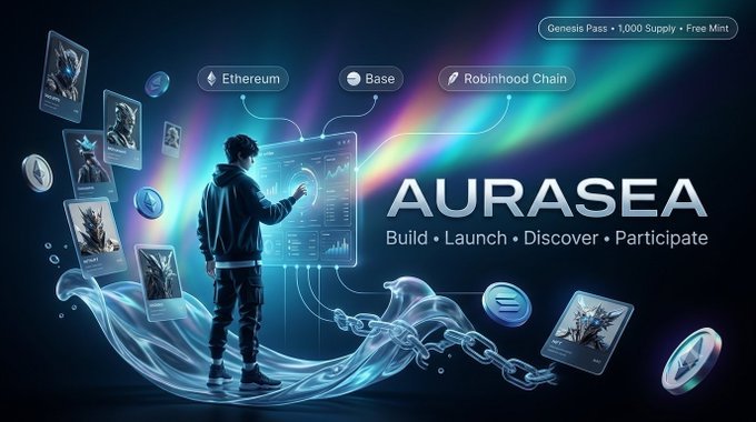 A promotional graphic for 'AURASEA' featuring the tagline 'Build • Launch • Discover • Participate,' showing a person interacting with holographic NFT displays connected to Ethereum, Base, and Robinhood Chain.