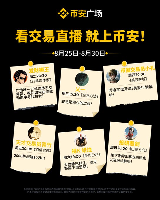This Binance Square promotional poster advertises a week of trading livestreams (August 25-30) featuring six streamers including 发财狮王, 火一, 币圈交易员小礼, 天才交易员青竹, 操K蜡烛, and 投研看剑, each hosting sessions on topics like order flow systems, trading psychology, US stock analysis, and market strategy. The yellow sticky-note design aligns with the post's preview of weekly handpicked trading experts going live to discuss market moves and share strategies.