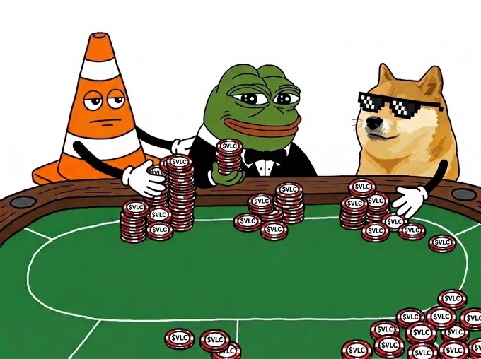 A meme illustration featuring a traffic cone, Pepe the Frog in a tuxedo, and a Doge wearing pixelated sunglasses, sitting at a green poker table stacked with red chips labeled 'SVLC'.