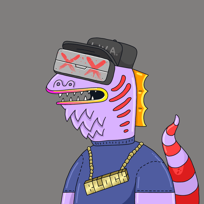 A cartoon illustration of a purple reptilian character wearing a black cap, red-lensed glasses, a gold chain with a "BLOCK" pendant, and a blue shirt, with a red and white striped tail.