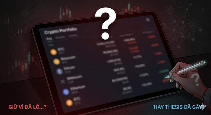 A blurred crypto portfolio on a tablet screen showing BTC, Ethereum, and Solana, overlaid with a large white question mark and a cartoon hand holding a pen, with Vietnamese text reading 'GIỮ VÌ ĐÃ LỜI..?' (Hold because already in profit?) and 'HAY THESIS ĐÃ GÃY?' (Or has the thesis broken?).