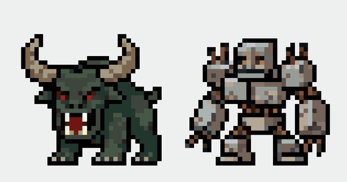 Two pixel art monster sprites: a green horned creature with red eyes and an armored figure with shoulder spikes.