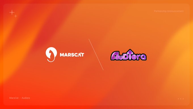 A partnership announcement graphic on an orange background featuring the logos 'MarsCat' and 'Audiera' separated by a diagonal line.